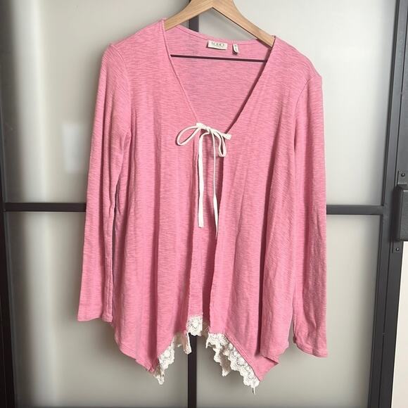 LOGO by Lori Goldstein Pink Tie Front Shrug with Lace Details Size XS - Picture 1 of 6